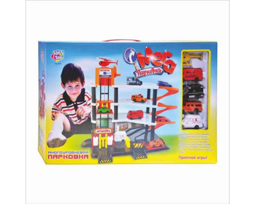 Гараж 0846 многоэтажная парковка 4 этажа, лифт, вертолетная площадка, автомойка, машинки 4 шт -8,5см, вертол