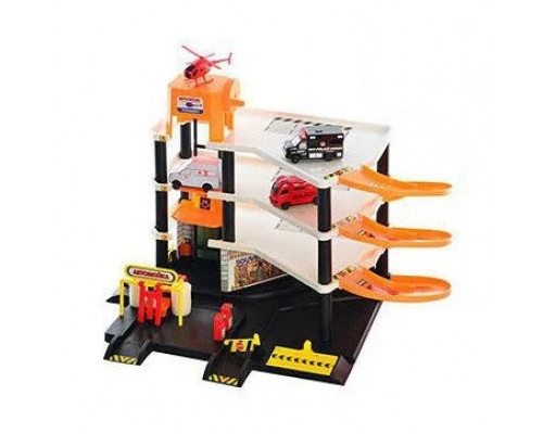 Гараж 0846 многоэтажная парковка 4 этажа, лифт, вертолетная площадка, автомойка, машинки 4 шт -8,5см, вертол