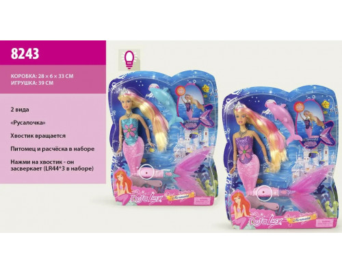 Кукла DEFA 8243 русалочка, шарнирная, светится хвост, дельфин, расческа