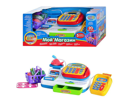 Детский кассовый аппарат 7019 Мой магазин, дисплей, весы, световые и звуковые эффекты, на русском языке