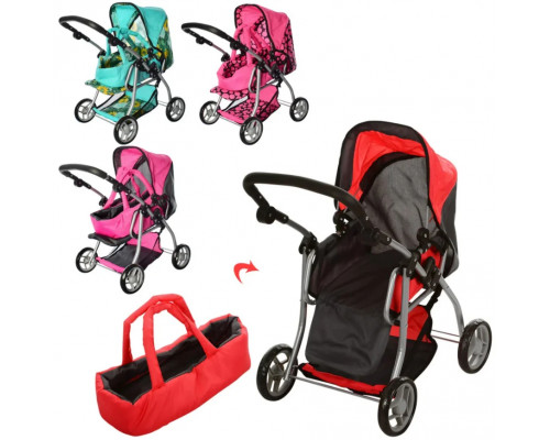 Коляска для куклы металлическая, ручка макс 64 см в 3 полож, сумка переноска, козырек, корзина Мелого 9672
